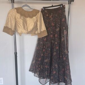 Crop top and skirt..gold crop top with beaded design.. brown floral print skirt.